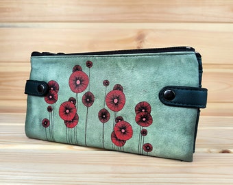 Large Women&#39;s Wallet | Faux Leather Wallet | Stylish Red Purse | Multi-purpose Wallet | Unique Flowers Pattern | Gift Idea