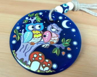 Wall decor wall amulet made of glass Evil Eye cube colorful funny owl cartoon unique country style fluttery owls living room children's room