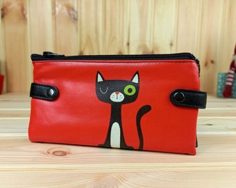 Large Women&#39;s Wallet | Faux Leather Wallet | Stylish Red Purse | Multi-purpose Wallet | Unique Cat Love Pattern | Gift Idea