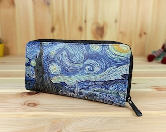 XL Van Gogh Starry Night Wallet | Waterproof Vegan Leather Purse | Large Zip Around Organizer | Artistic Daily Use | Museum Collection