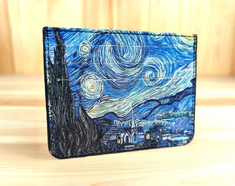 Unisex Kreditkartenetui | Vegan Mini Geldbörse in Grün | Minimalistisches Retro Portemonnaie mit Van Gogh Gemälde Muster | Jugendstil