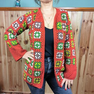 Handmade Granny Square Cardigan | Long Open Knit Jacket | 70s Vintage Patchwork Coat | Autumn Earth Tone Sweater | Cottagecore Gift for Her image 13