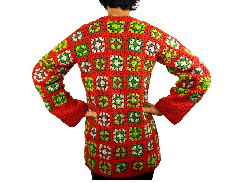 Handmade Granny Square Cardigan | Long Open Knit Jacket | 70s Vintage Patchwork Coat | Autumn Earth Tone Sweater | Cottagecore Gift for Her image 3