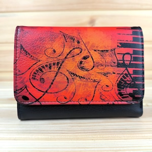Cartera de piel sintética | Patrón de notas musicales | Carteras para hombres y mujeres | Regalo de músico | Cartera triple bohemia con diseño musical