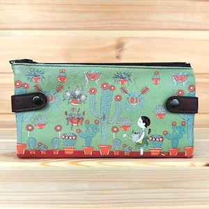 billetera grande | Cartera de piel sintética | Cartera multiusos adecuada para teléfonos móviles | Bolso único con diseño divertido de cactus.