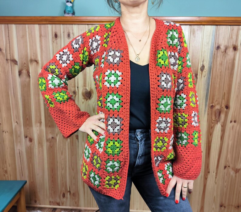 Handmade Granny Square Cardigan | Long Open Knit Jacket | 70s Vintage Patchwork Coat | Autumn Earth Tone Sweater | Cottagecore Gift for Her image 13
