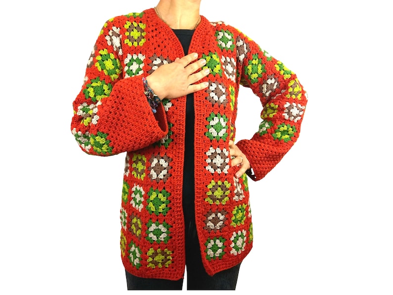 Handmade Granny Square Cardigan | Long Open Knit Jacket | 70s Vintage Patchwork Coat | Autumn Earth Tone Sweater | Cottagecore Gift for Her image 1