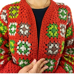 Handmade Granny Square Cardigan | Long Open Knit Jacket | 70s Vintage Patchwork Coat | Autumn Earth Tone Sweater | Cottagecore Gift for Her image 4