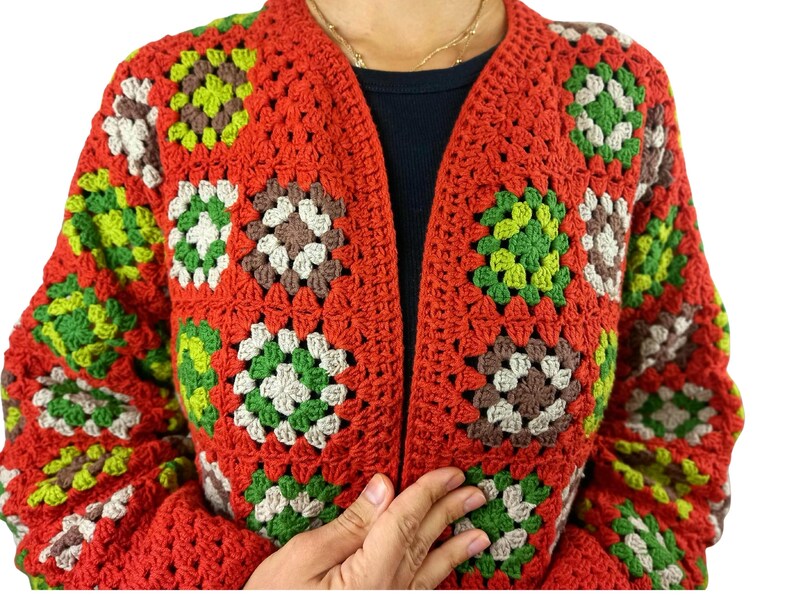 Handmade Granny Square Cardigan | Long Open Knit Jacket | 70s Vintage Patchwork Coat | Autumn Earth Tone Sweater | Cottagecore Gift for Her image 4