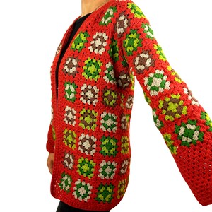 Handmade Granny Square Cardigan | Long Open Knit Jacket | 70s Vintage Patchwork Coat | Autumn Earth Tone Sweater | Cottagecore Gift for Her image 2