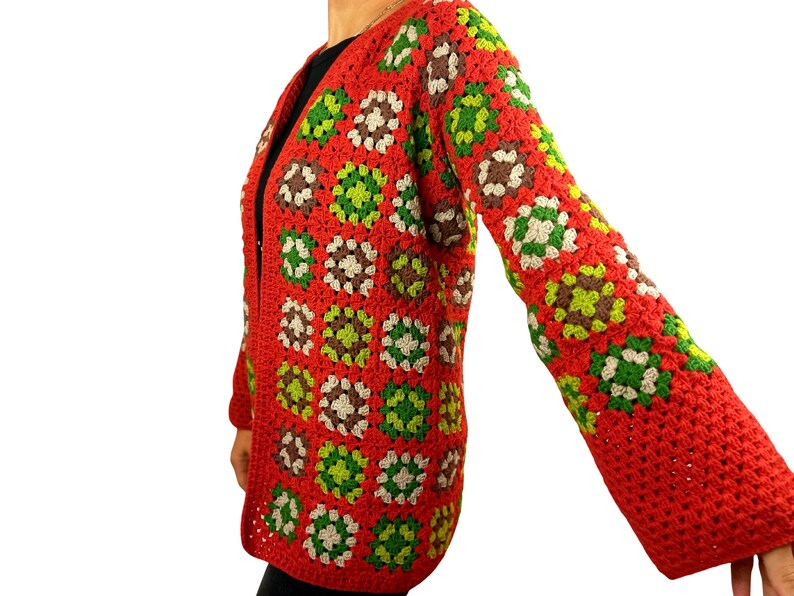 Handmade Granny Square Cardigan | Long Open Knit Jacket | 70s Vintage Patchwork Coat | Autumn Earth Tone Sweater | Cottagecore Gift for Her image 2