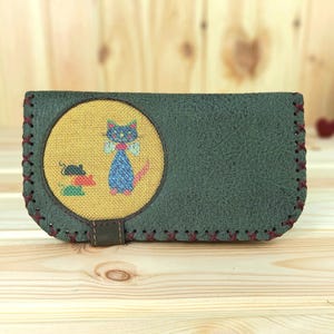 Cartera grande para mujer en piel sintética con diseño de gato | Cartera vegana para mujer hecha a mano | Aspecto vintage | Respetuoso con el medio ambiente