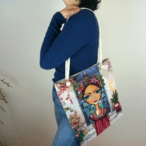 Vegan Shopper | 100% Baumwolle Frauen Tasche | Tote Bag | malerisches Frauen Gesicht Schultertasche | Gobelin | Gewebte Tasche