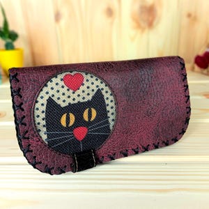 Large women's wallet made of synthetic leather with Sweet Cat Pattern | Handmade women's wallet | Elegant vegan purse | Bohemian Look