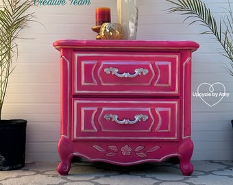 Nightstand. Bright Pink French Provincial Bedside Table. Shimmering Gold Rose Glamour End Table. Girls Maximalist Bedroom Furniture.