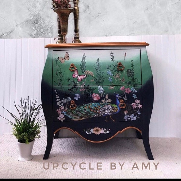 Bombe chest. Colorful peacock dresser. boho bombe, whimsical sideboard, ombré console table, Eclectic Bombe Chest.