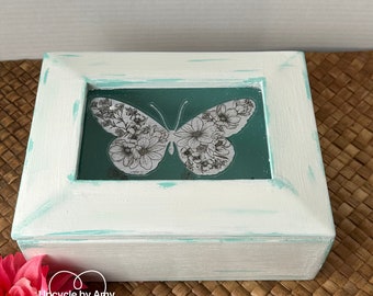 Keepsake Box. Shabby Chic Butterfly Catch-all. White Distressed Trinket Box. Teal Decorative Storage Container.