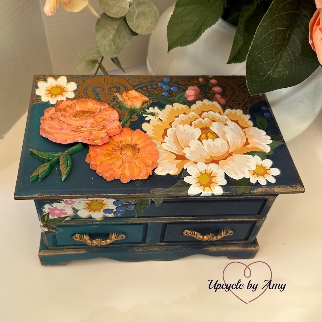 Jewelry Box. Blue Teal and Orange Peony Jewelry Music Box. Boho Glam