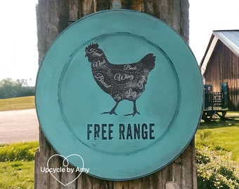 Op de afbeelding: Een rond metalen bord in turquoise blauw met een zwart silhouet van een kip met gelabelde delen, waaronder kop, nek, borst, vleugel, rug, poot en dij. Het bord heeft de tekst "FREE RANGE" in zwarte letters. Het bord is bevestigd aan een houten paal.