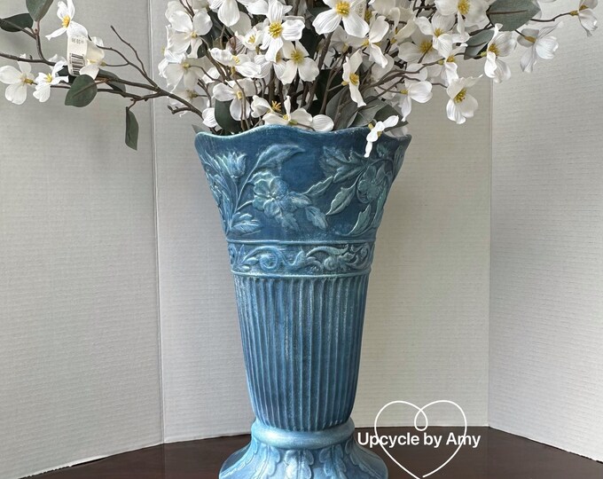 Large Vase. Tall Floor Vase. Blue Metallic Textured Vase. Ceramic