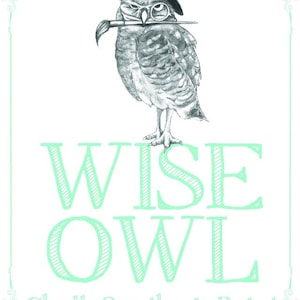 Op de afbeelding: Een zwart-witte illustratie van een wijze uil met een baret en een bril, die een penseel in zijn snavel houdt. De tekst "WISE OWL Chalk Synthesis Paint" staat onder de uil.