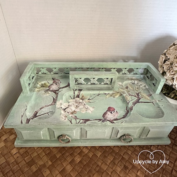 Jewelry Valet. Green Distressed Bird Jewelry Box. Shabby Chic Storage Chest. French Country Farmhouse Keepsake. Gift for Her.