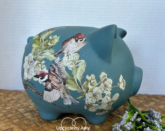 Piggy Bank. Whimsical Bird Piggy Bank. Ceramic Keepsake. Teal Coin Bank.