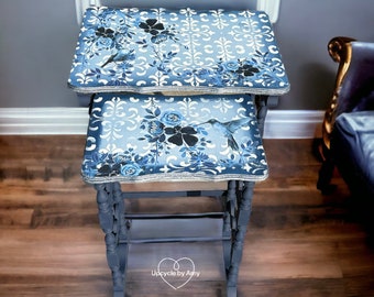 Nesting tables. Blue and White Ornate Table Set. Chinoiserie Chic Stacking Tables. Vintage Pair of Hand Painted bird tables.