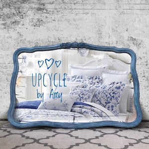 Mirror. Vintage French Provincial Mirror. Large Wall Mirror. Blue Rose Painted Decor Accent Mirror. Shabby Chic Wall Decor.