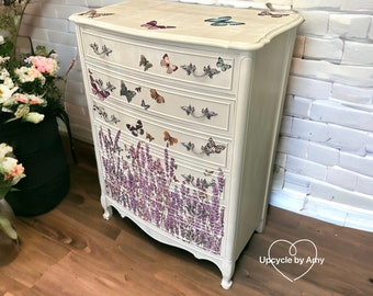 Dresser. French Provincial Chest of Drawers. Vintage Butterfly Garden Tallboy. Antique Lavender Chest. White Wardrobe.