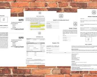 May include: A set of six black and white documents with the title "Parent's Right to Know and Procedures", "Oops!", "Health Insurance Policy", "Receipt of the Billing Policy", "On-Site Termination Notice", and "Parent Handbook".