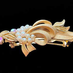 Vintage Gold & Pearl Ribbon Barrette, Bridal, Formal, Classic French Barrette