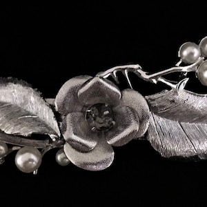 Vintage Silver Rose with Pearl Branches Long Barrette, Chic, Classic, Elegant Hair Accessory, Authentic French Barrette