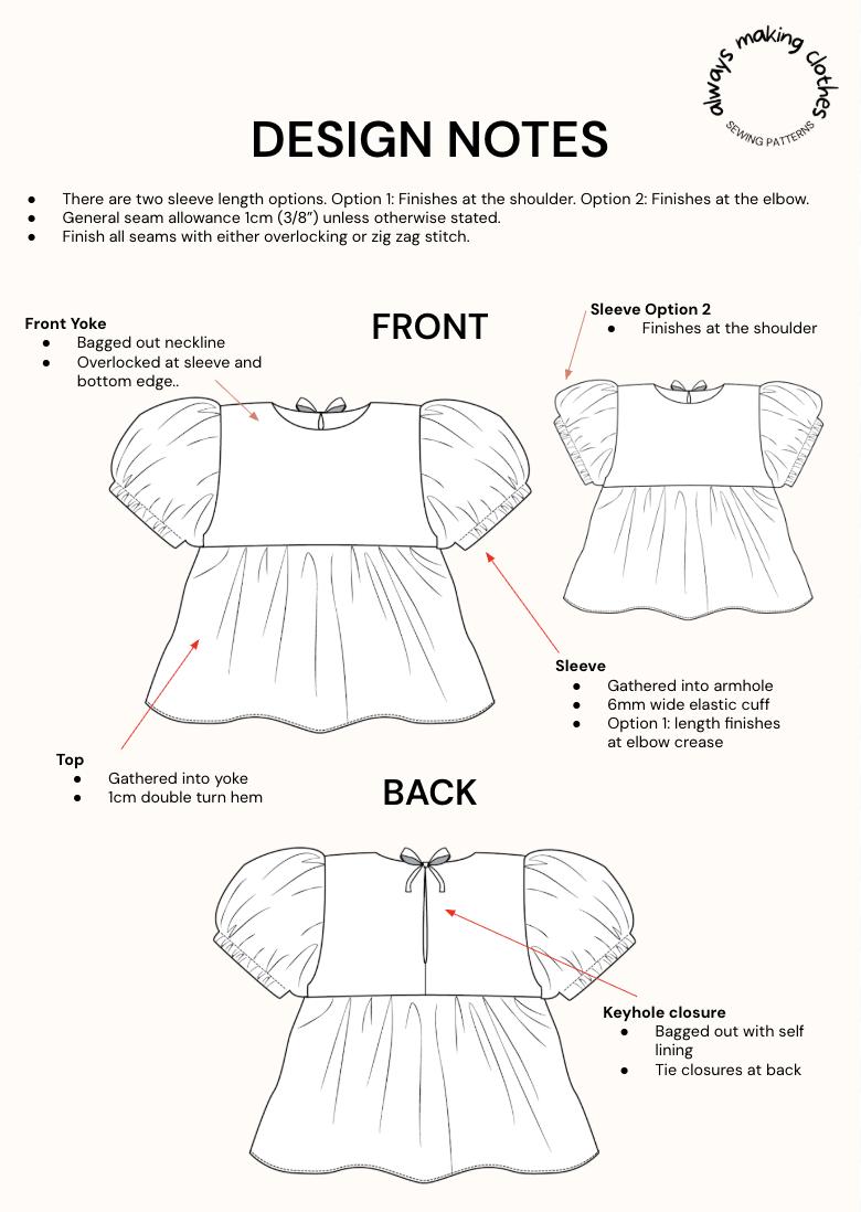 Girls Puff Sleeve Top Pattern PDF | Beginner Yoke Blouse Sewing Pattern ...