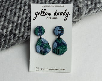 Blue Green Organic Shape Polymer Clay Drop Earrings