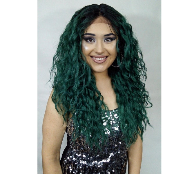 Synthetic Lace Front Wig * Jade Green (dark roots) * Long Curly Wavy * Deep Center Part* Natural Baby Hair * Emerald Deep * Mermaid Cosplay