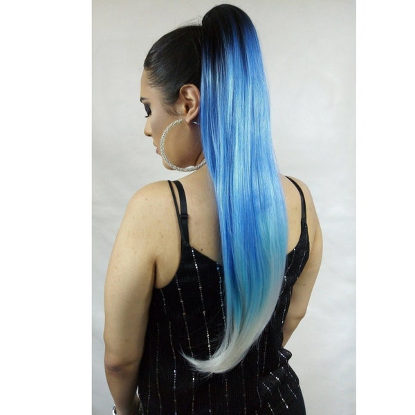 Synthetic Hair - Extension * Drawstring Ponytail * Blue  "watercolor look" with Black Roots, White Tips * 26 inches length * Long Straight