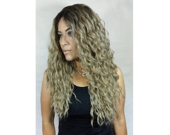 Ash Blonde Lace Front Wig, Long Wavy Synthetic Hair, Brown Roots