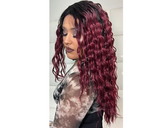 Synthetic Lace Front Wig BURGUNDY WINE RED (dark Roots) Long  display picture 3