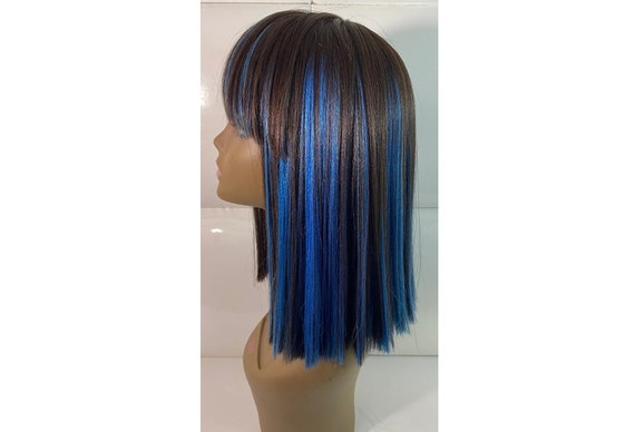 Synthetic Full Cap Wig Brown Hair Blue Highlights Short - Etsy