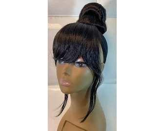 BUN & BANGS Drawstring Hair Piece - Jet BLACK - Long Bangs * Vintage Retro 90s Glam * Natural Short Hairstyle * Protective Hairstyle