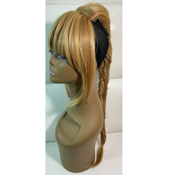 Drawstring Ponytail (Bangs) GOLDEN BLONDE HIGHLIGHTS Honey  30 Inches * Long Braid Fringe * Synthetic Hair Extension 90s Cosplay