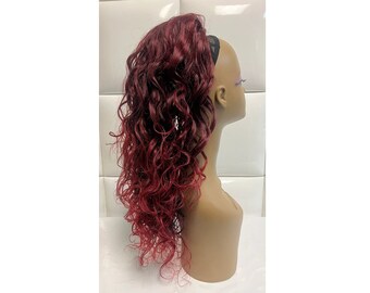 Drawstring Ponytail HUMAN Hair & Synthetic Fiber *BURGUNDY Dark Cherry RED * Long Voluminous Curls Waves - Curls Wavy Natural Yaki Extension