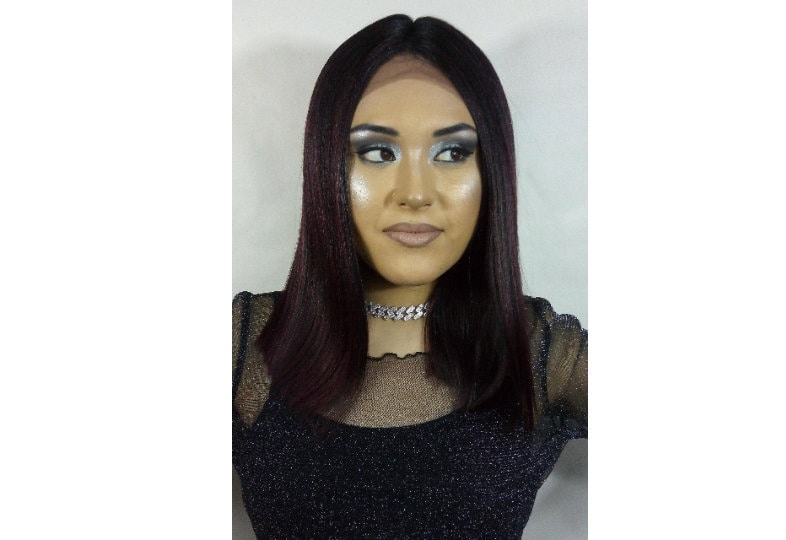Synthetic Lace Front Wig * Burgundy with Black Roots * Blunt Cut Style * Straight 14" * Silky Yaki Texture * Long Sleek Bob * Peluca Lacia
