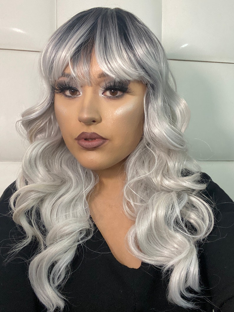 PLATINUM SILVER ASH Full Wig Bangs Light Grey Hair Long & Etsy