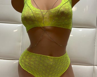 Rhinestone NEON YELLOW LINGERIE  Bra Panties - Sexy Rave Party Exotic Dancer - Mesh Panty Bralette Set Stripper Clubwear Body Chain