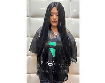 34" JET BLACK Hair Lace Front Wig * Synthetic Fiber Blend * Extra Long Straight * Sleek Natural Wigs