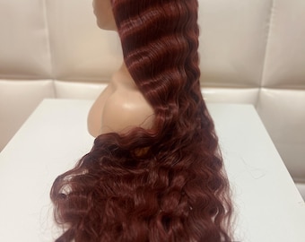 AUBURN RED Lace Front Wig * Long Wavy Glamorous Full Crimp Waves * Baby Hair * Synthetic Natural Hairstyle - Highlights