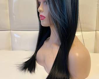 24" Black & Silver Blue Lace Front Wig, Long Layered Synthetic Hair