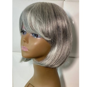 LIGHT GRAY & SILVER 100% Unprocessed Human Hair Wig * Short Bob Haircut * Natural Yaki * Mature Grey Hairstyle - Stylish Chic Bangs - Yaky